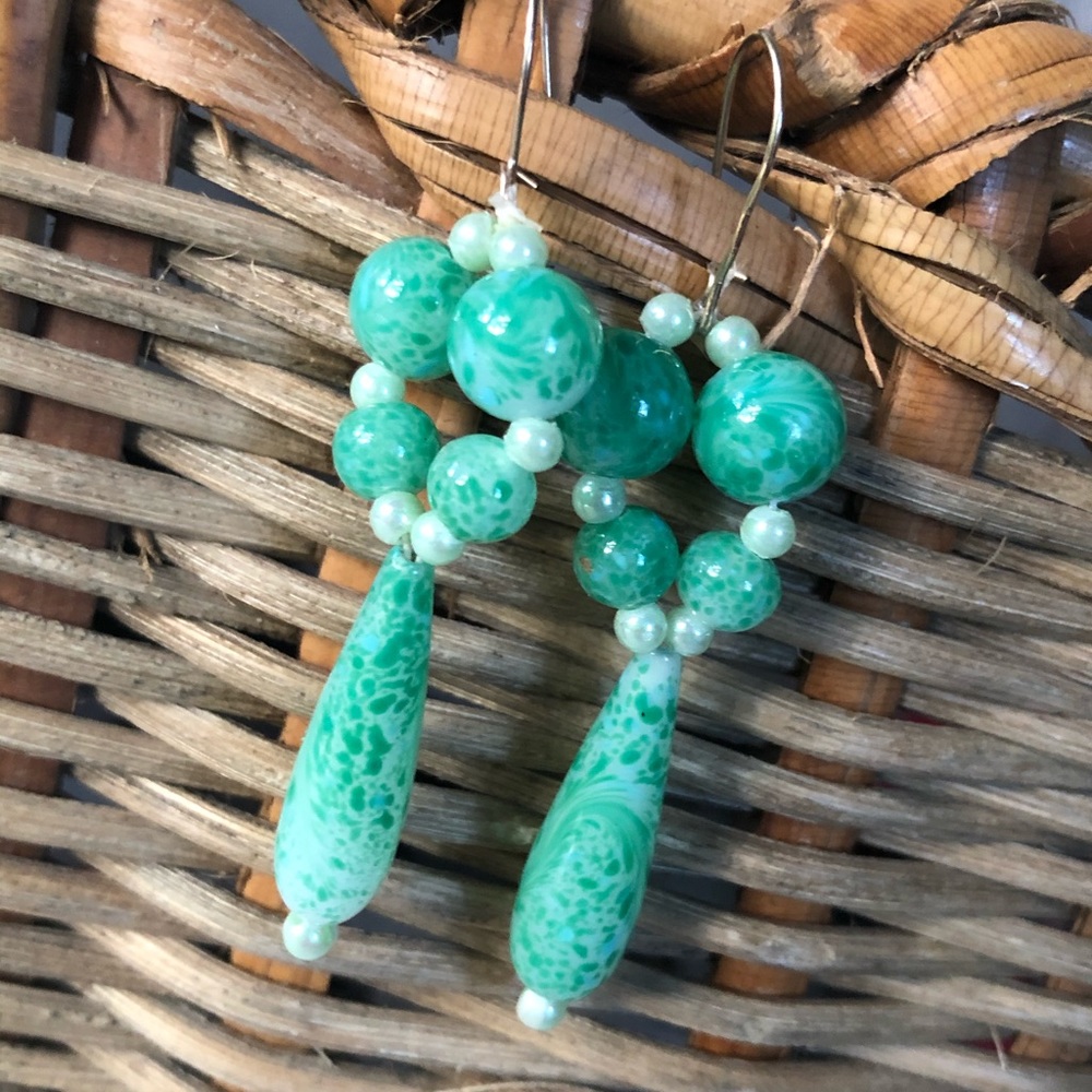 VTG BOHO Jade-look drop tear-drop earrings